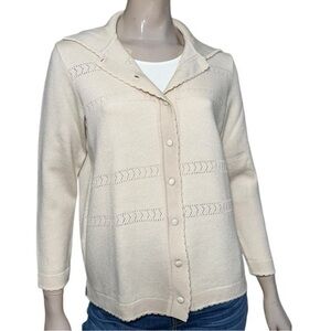 Fio Vintage Women’s Size S M Cream Ivory Cashmere Scallop Knit Cardigan Sweater